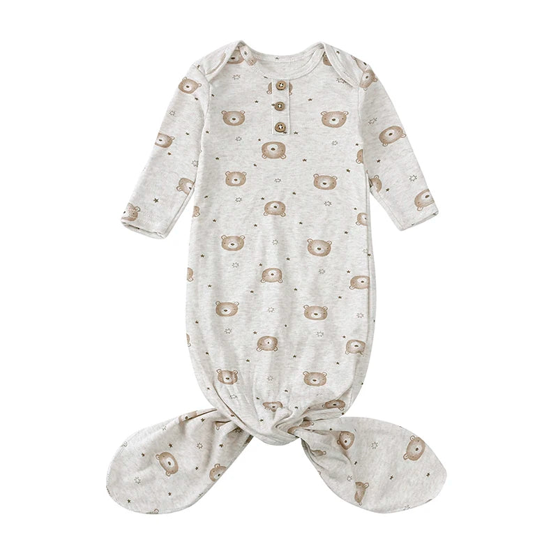 2025 Spring Newborn Baby Boy Girl Romper Infant Knotted Sleep Gown with Bear Dolls Hand Anti-Kicking Printed Cotton Casual Bag