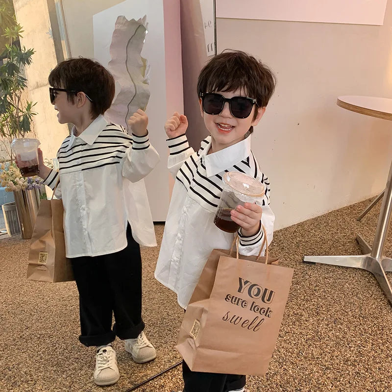 2024 Spring Summer Kids shirts fashion Boys patchwork striped Lapel shirts cotton casual Children's Tops