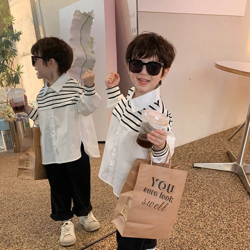 2024 Spring Summer Kids shirts fashion Boys patchwork striped Lapel shirts cotton casual Children's Tops