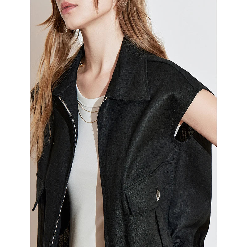 TOYOUTH Women Sleeveless Jacket 2025 Spring New Zipper Turn Down Collar Casual Vest Jacket Coat
