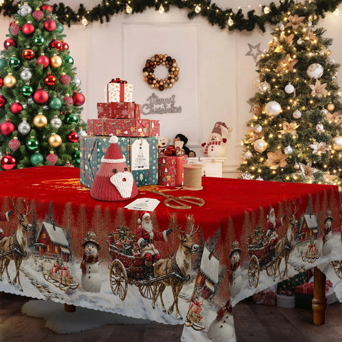 1 Piece, Merry Christmas Themed Pattern Tablecloth + 4 Self-Adhesive Stickers, Christmas Atmosphere, Snowflake Christmas Tree Santa Claus Elk Snowman House Printed Pattern, Embossed Edges, Suitable for Home Kitchen, Living Ro