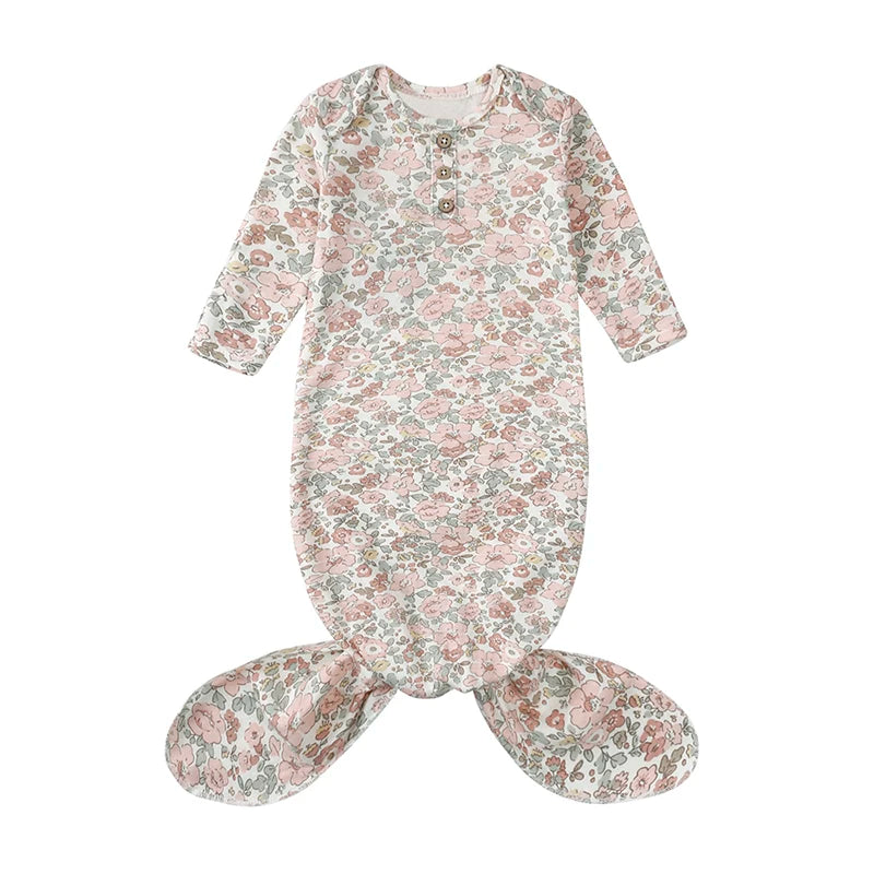 2025 Spring Newborn Baby Boy Girl Romper Infant Knotted Sleep Gown with Bear Dolls Hand Anti-Kicking Printed Cotton Casual Bag