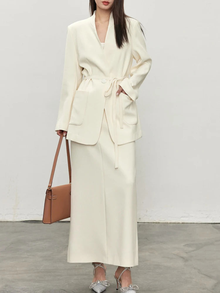 YERMORA Women Two Pieces Set White Bandage Elegant Blazer V-neck Long Sleeve Fashion Skirt Tide Spring Autumn 2025 New A826