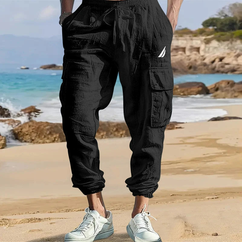Men's Cotton Linen Cargo Pants Male Spring and Autumn Breathable Solid Color Multiple pockets Trousers Fitness Streetwear S-3XL