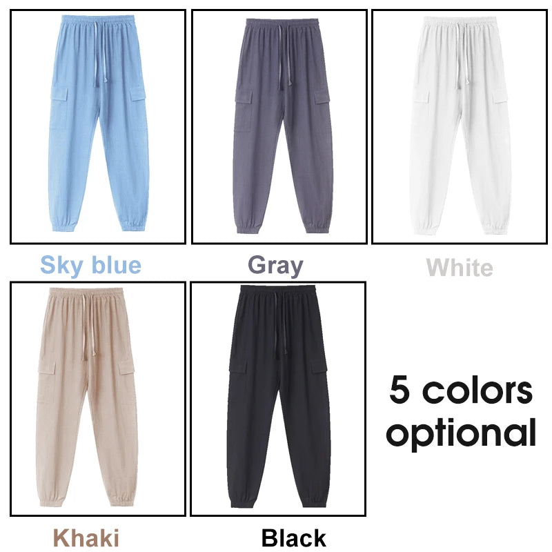 Men's Cotton Linen Cargo Pants Male Spring and Autumn Breathable Solid Color Multiple pockets Trousers Fitness Streetwear S-3XL