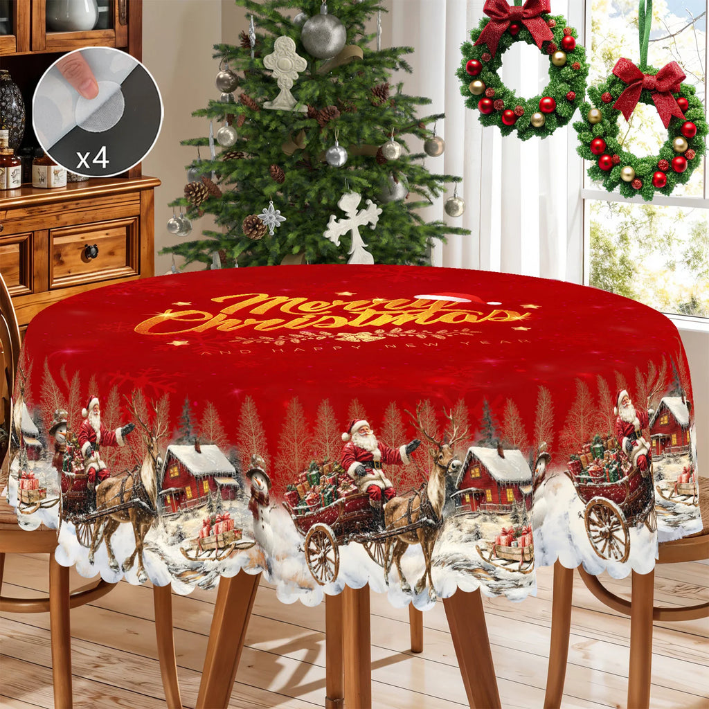 1 Piece, Merry Christmas Themed Pattern Tablecloth + 4 Self-Adhesive Stickers, Christmas Atmosphere, Snowflake Christmas Tree Santa Claus Elk Snowman House Printed Pattern, Embossed Edges, Suitable for Home Kitchen, Living Ro
