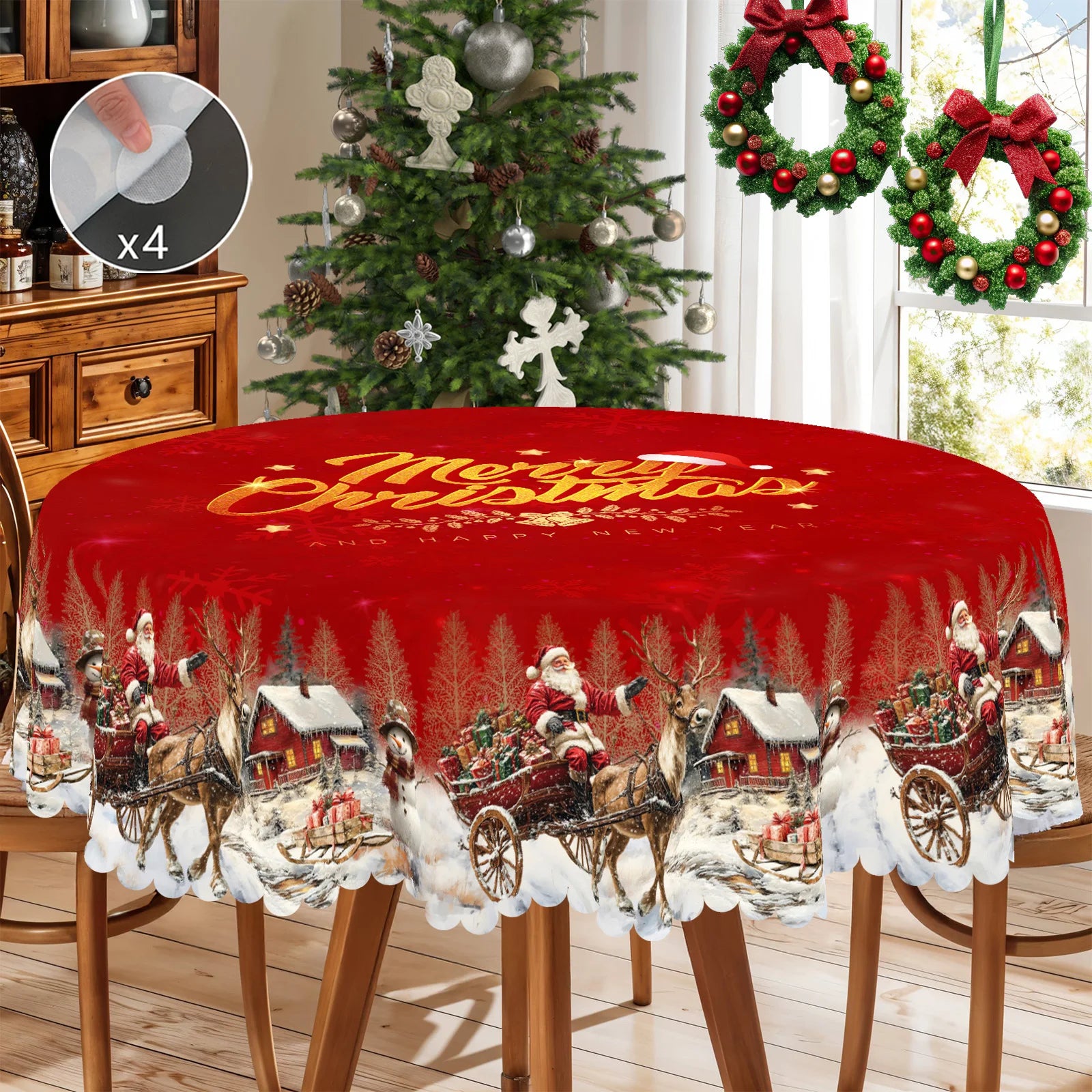 1 Piece, Merry Christmas Themed Pattern Tablecloth + 4 Self-Adhesive Stickers, Christmas Atmosphere, Snowflake Christmas Tree Santa Claus Elk Snowman House Printed Pattern, Embossed Edges, Suitable for Home Kitchen, Living Ro