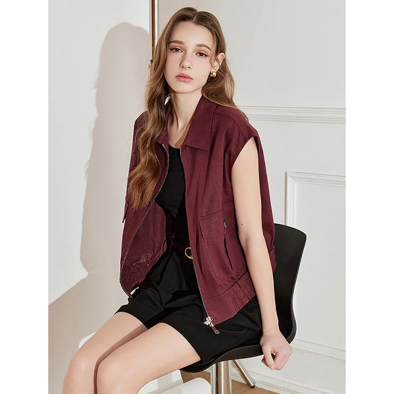 TOYOUTH Women Sleeveless Jacket 2025 Spring New Zipper Turn Down Collar Casual Vest Jacket Coat