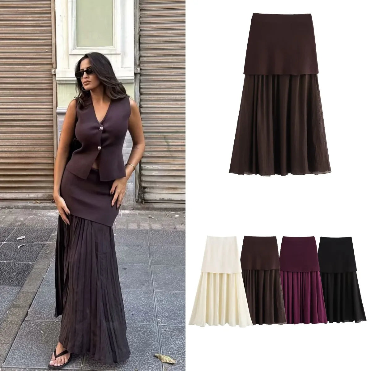 ETJ 2025 spring new  women's elegant fashion same color splicing small pleated hem high waist knit skirt