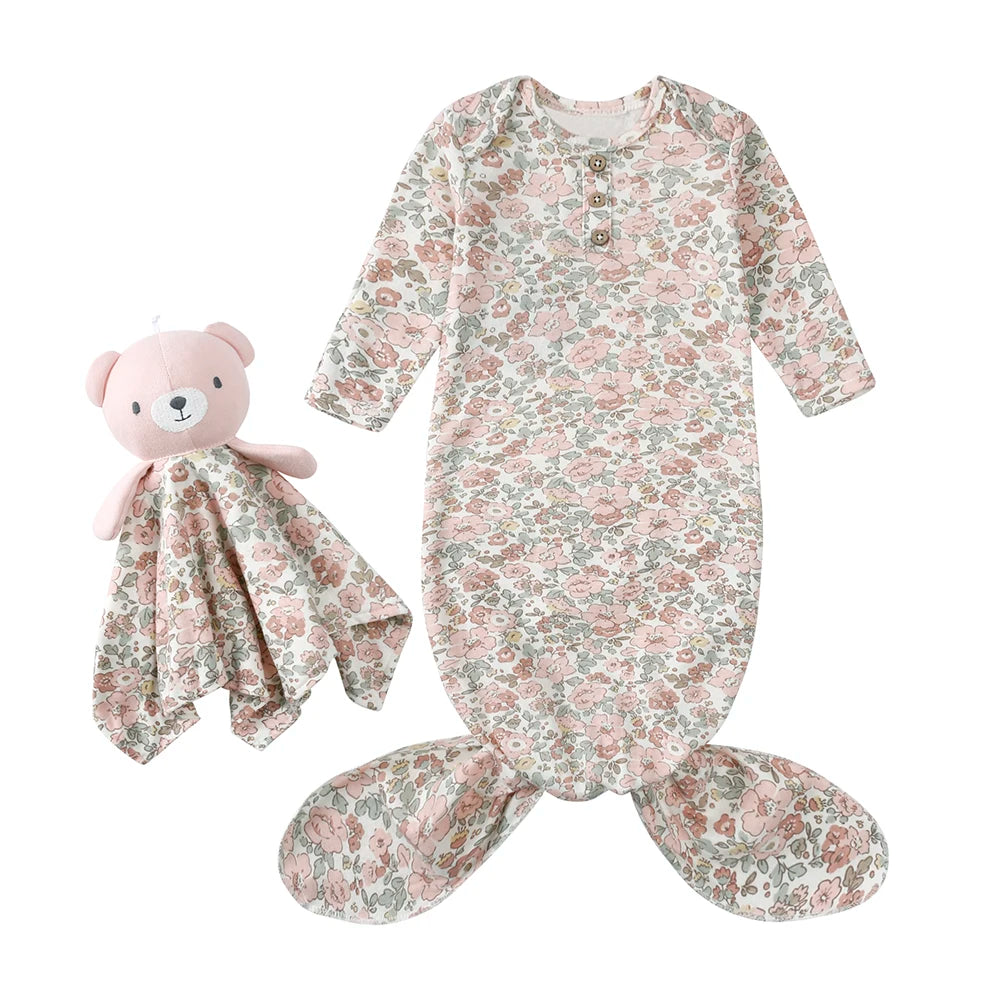 2025 Spring Newborn Baby Boy Girl Romper Infant Knotted Sleep Gown with Bear Dolls Hand Anti-Kicking Printed Cotton Casual Bag