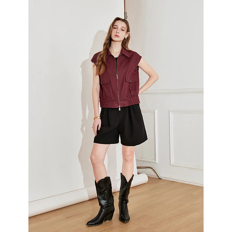 TOYOUTH Women Sleeveless Jacket 2025 Spring New Zipper Turn Down Collar Casual Vest Jacket Coat