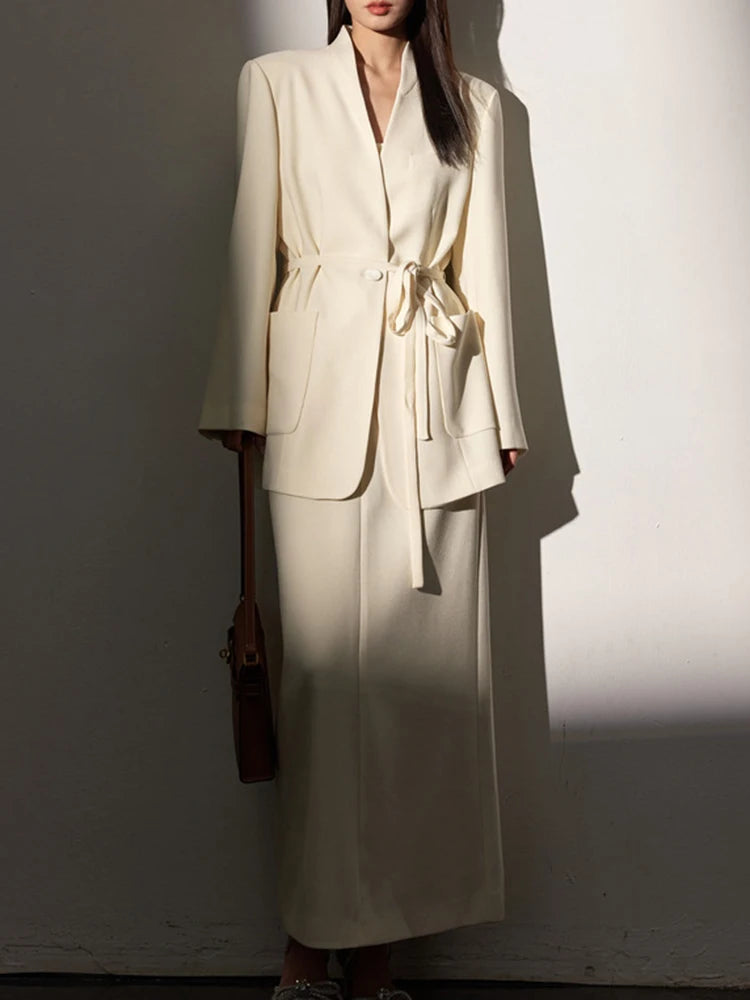 YERMORA Women Two Pieces Set White Bandage Elegant Blazer V-neck Long Sleeve Fashion Skirt Tide Spring Autumn 2025 New A826