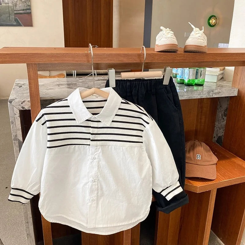 2024 Spring Summer Kids shirts fashion Boys patchwork striped Lapel shirts cotton casual Children's Tops