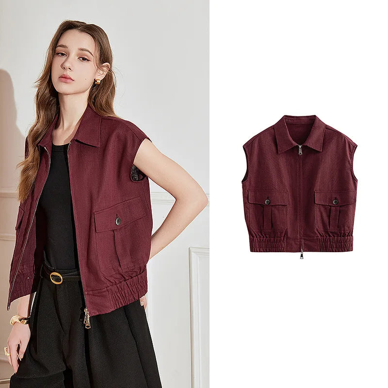 TOYOUTH Women Sleeveless Jacket 2025 Spring New Zipper Turn Down Collar Casual Vest Jacket Coat