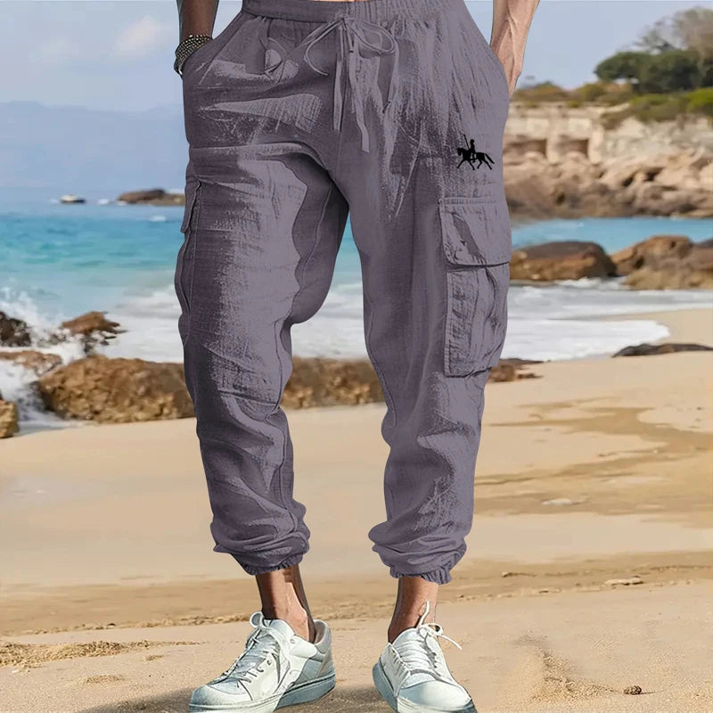 Men's Cotton Linen Cargo Pants Male Spring and Autumn Breathable Solid Color Multiple pockets Trousers Fitness Streetwear S-3XL