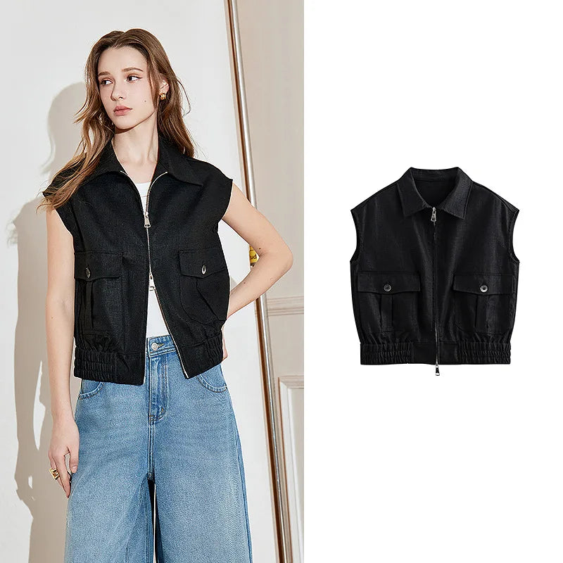 TOYOUTH Women Sleeveless Jacket 2025 Spring New Zipper Turn Down Collar Casual Vest Jacket Coat
