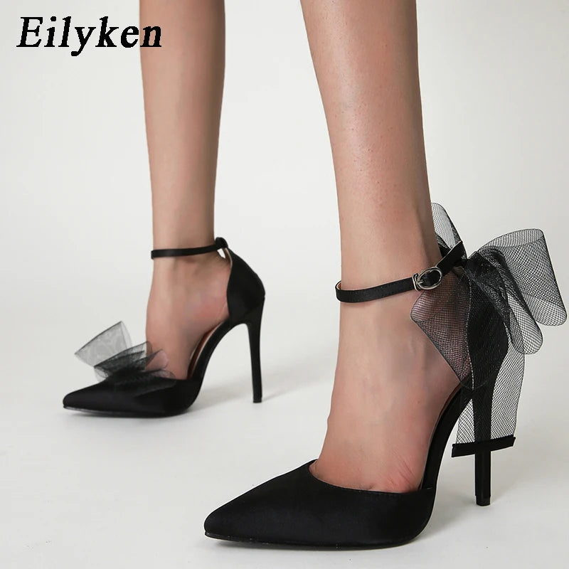 Eilyken New Style Pointed Toe Sandals Sexy Buckle Strap Cover Heel Women Spring Summer Mesh Butterfly-knot Wedding Pumps Shoes
