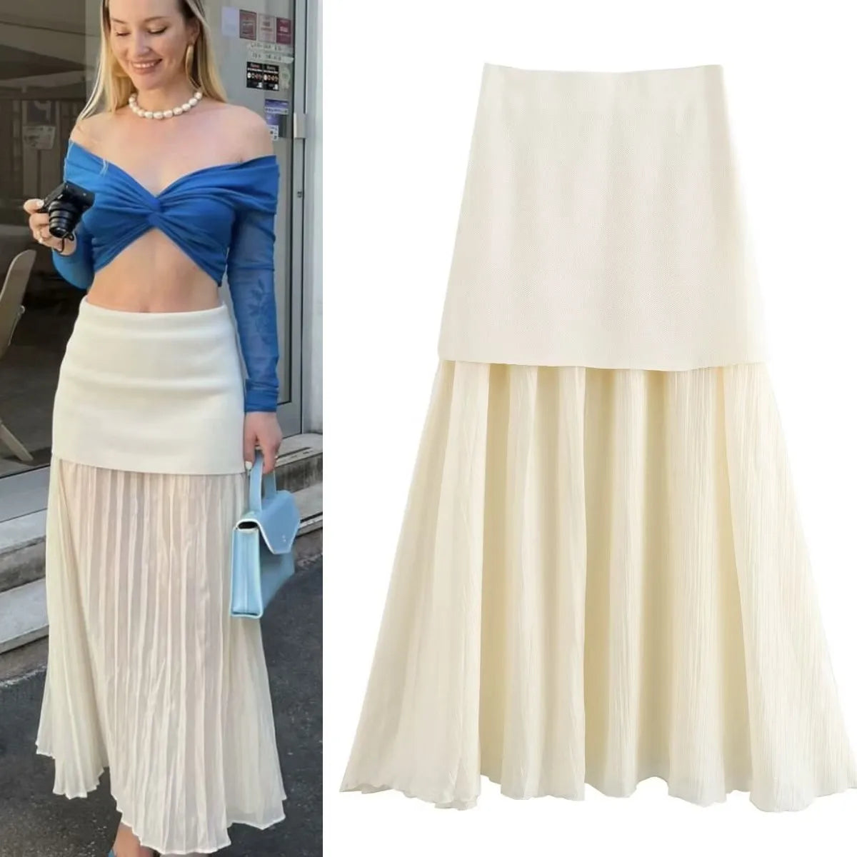 ETJ 2025 spring new  women's elegant fashion same color splicing small pleated hem high waist knit skirt