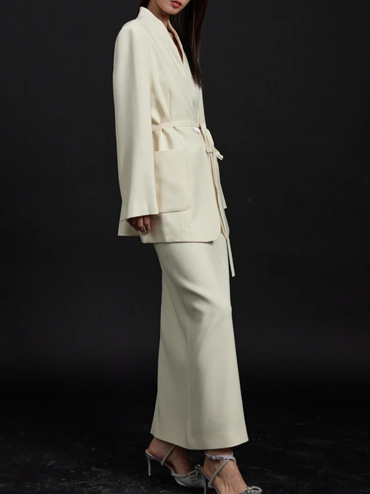 YERMORA Women Two Pieces Set White Bandage Elegant Blazer V-neck Long Sleeve Fashion Skirt Tide Spring Autumn 2025 New A826
