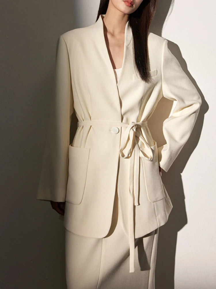 YERMORA Women Two Pieces Set White Bandage Elegant Blazer V-neck Long Sleeve Fashion Skirt Tide Spring Autumn 2025 New A826
