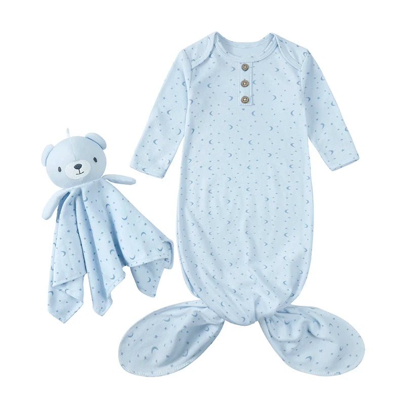 2025 Spring Newborn Baby Boy Girl Romper Infant Knotted Sleep Gown with Bear Dolls Hand Anti-Kicking Printed Cotton Casual Bag