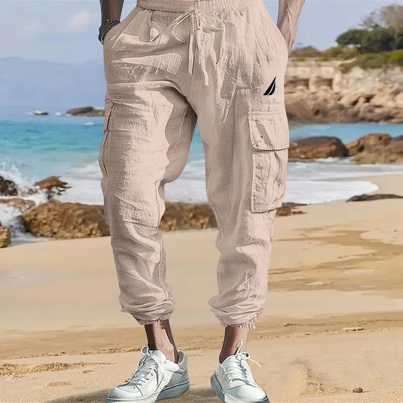 Men's Cotton Linen Cargo Pants Male Spring and Autumn Breathable Solid Color Multiple pockets Trousers Fitness Streetwear S-3XL