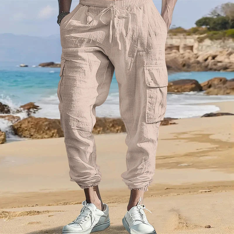 Men's Cotton Linen Cargo Pants Male Spring and Autumn Breathable Solid Color Multiple pockets Trousers Fitness Streetwear S-3XL
