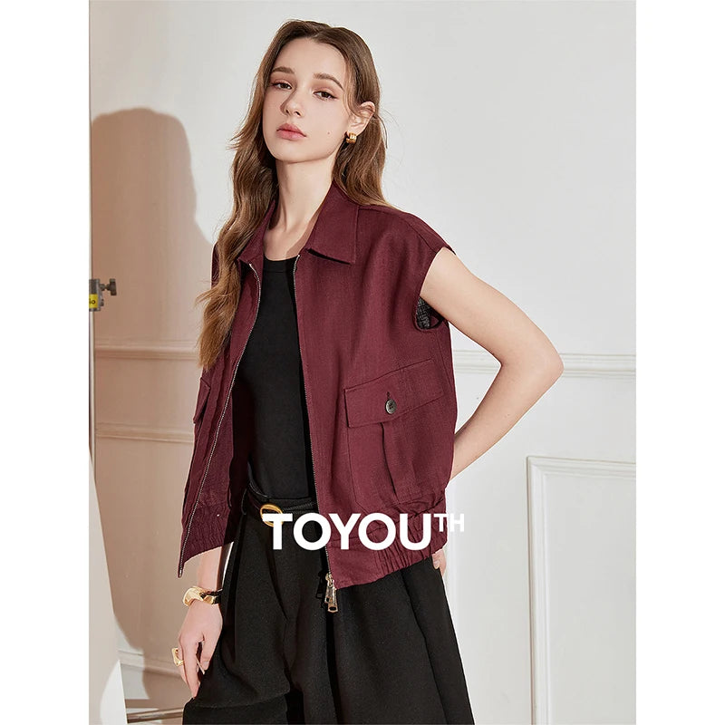 TOYOUTH Women Sleeveless Jacket 2025 Spring New Zipper Turn Down Collar Casual Vest Jacket Coat