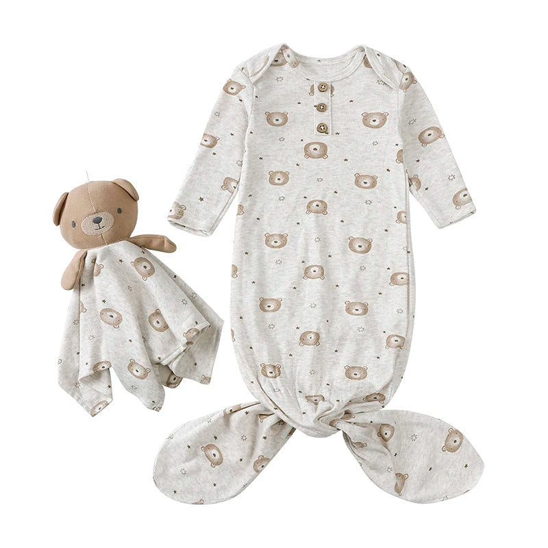 2025 Spring Newborn Baby Boy Girl Romper Infant Knotted Sleep Gown with Bear Dolls Hand Anti-Kicking Printed Cotton Casual Bag