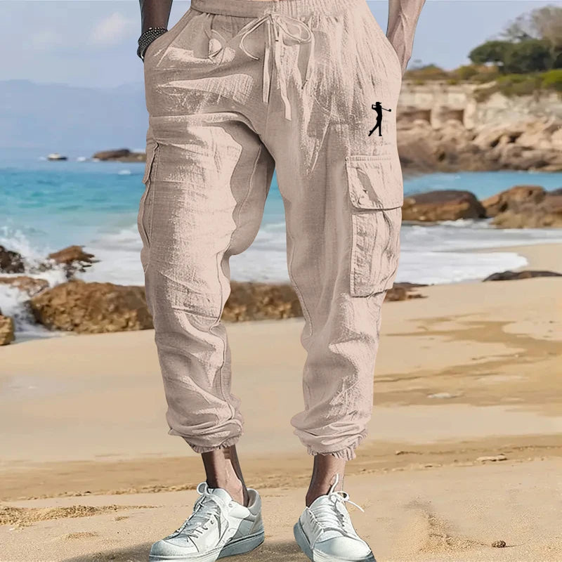 Men's Cotton Linen Cargo Pants Male Spring and Autumn Breathable Solid Color Multiple pockets Trousers Fitness Streetwear S-3XL