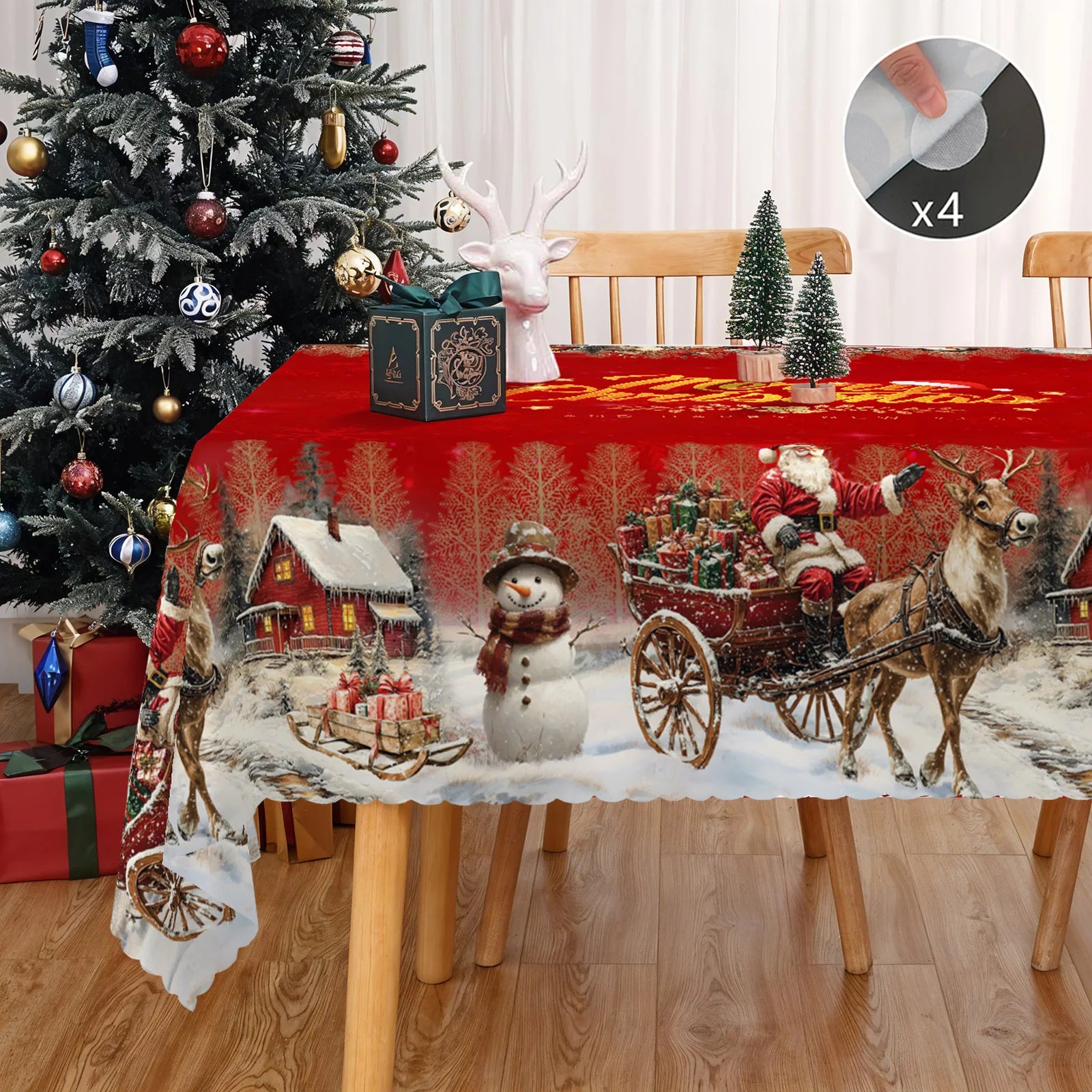 1 Piece, Merry Christmas Themed Pattern Tablecloth + 4 Self-Adhesive Stickers, Christmas Atmosphere, Snowflake Christmas Tree Santa Claus Elk Snowman House Printed Pattern, Embossed Edges, Suitable for Home Kitchen, Living Ro
