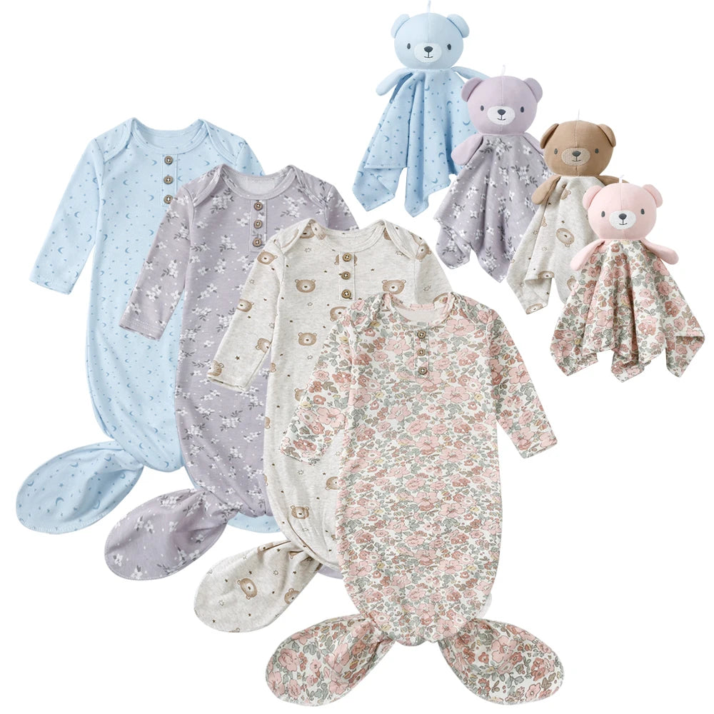 2025 Spring Newborn Baby Boy Girl Romper Infant Knotted Sleep Gown with Bear Dolls Hand Anti-Kicking Printed Cotton Casual Bag