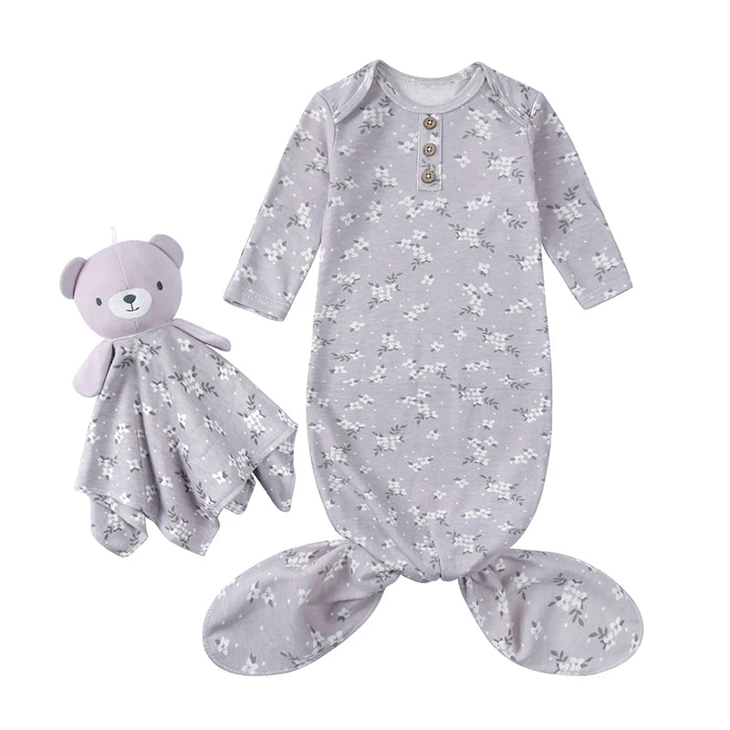 2025 Spring Newborn Baby Boy Girl Romper Infant Knotted Sleep Gown with Bear Dolls Hand Anti-Kicking Printed Cotton Casual Bag