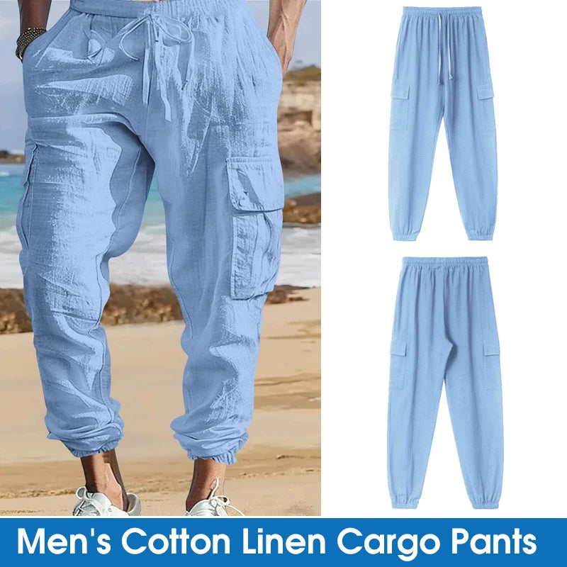 Men's Cotton Linen Cargo Pants Male Spring and Autumn Breathable Solid Color Multiple pockets Trousers Fitness Streetwear S-3XL