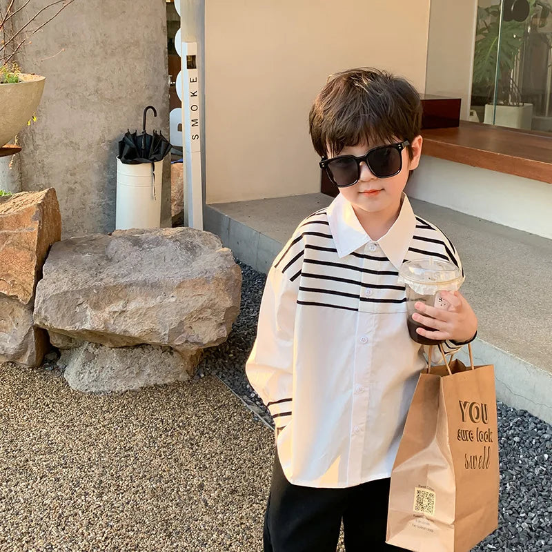 2024 Spring Summer Kids shirts fashion Boys patchwork striped Lapel shirts cotton casual Children's Tops