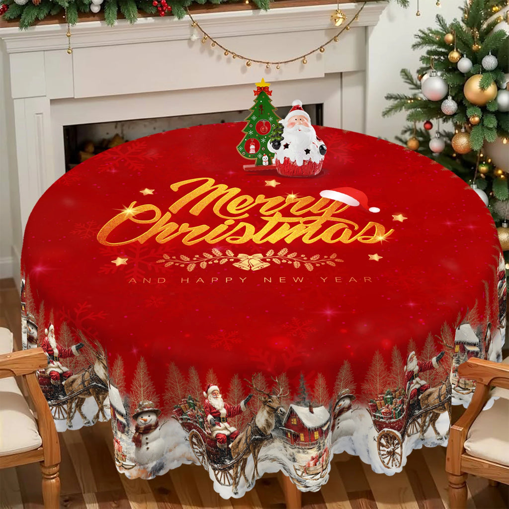 1 Piece, Merry Christmas Themed Pattern Tablecloth + 4 Self-Adhesive Stickers, Christmas Atmosphere, Snowflake Christmas Tree Santa Claus Elk Snowman House Printed Pattern, Embossed Edges, Suitable for Home Kitchen, Living Ro