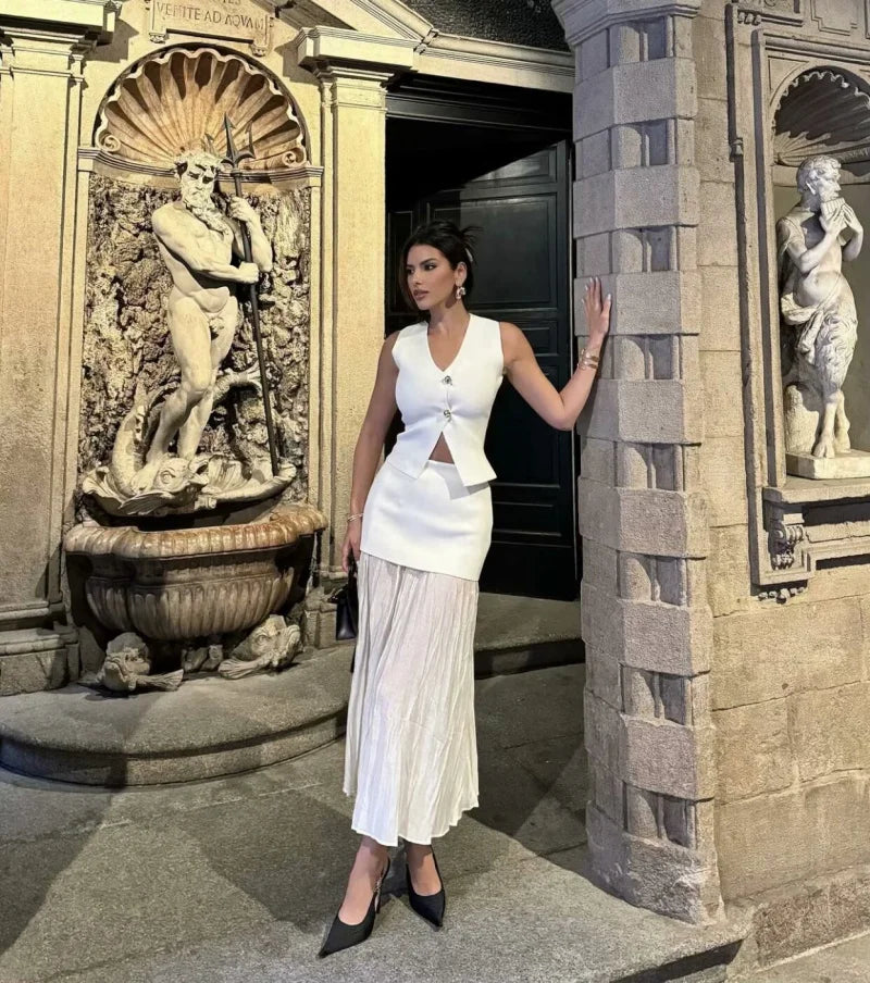 ETJ 2025 spring new  women's elegant fashion same color splicing small pleated hem high waist knit skirt