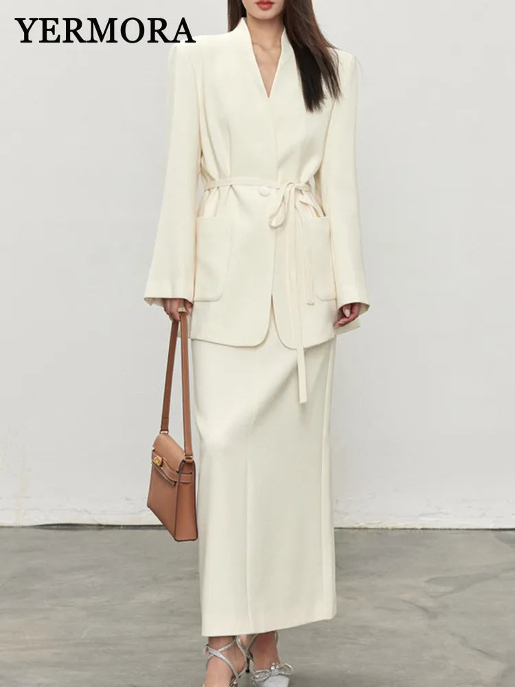 YERMORA Women Two Pieces Set White Bandage Elegant Blazer V-neck Long Sleeve Fashion Skirt Tide Spring Autumn 2025 New A826