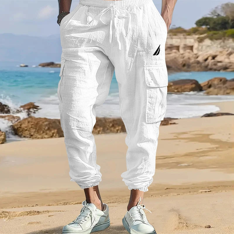Men's Cotton Linen Cargo Pants Male Spring and Autumn Breathable Solid Color Multiple pockets Trousers Fitness Streetwear S-3XL
