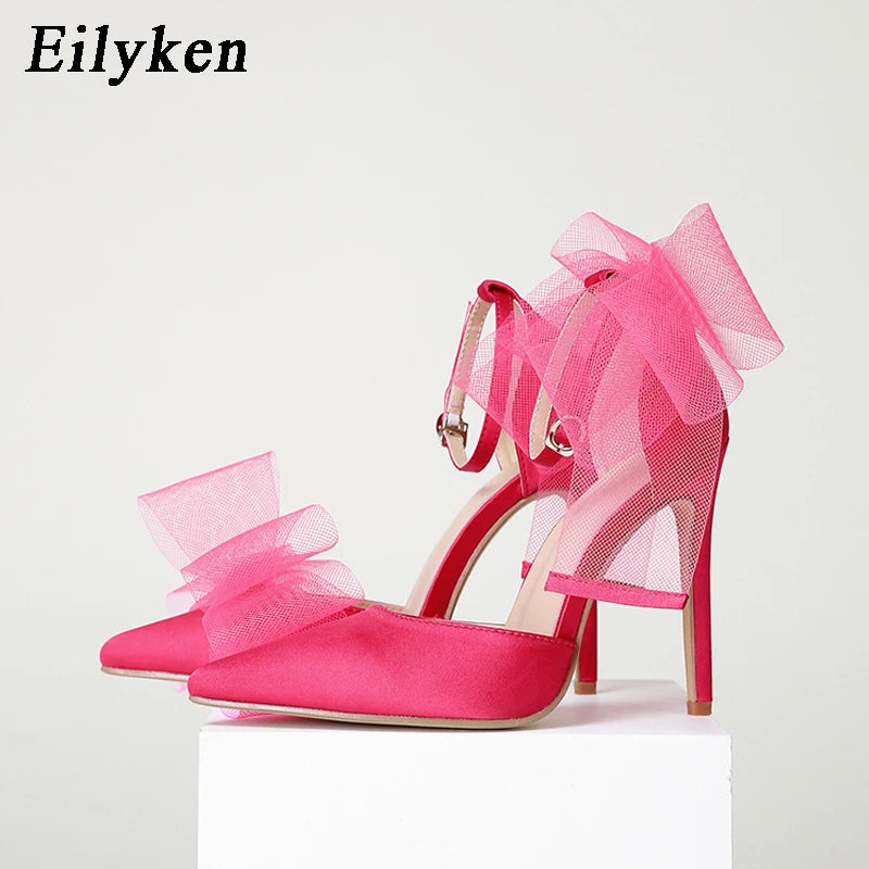 Eilyken New Style Pointed Toe Sandals Sexy Buckle Strap Cover Heel Women Spring Summer Mesh Butterfly-knot Wedding Pumps Shoes