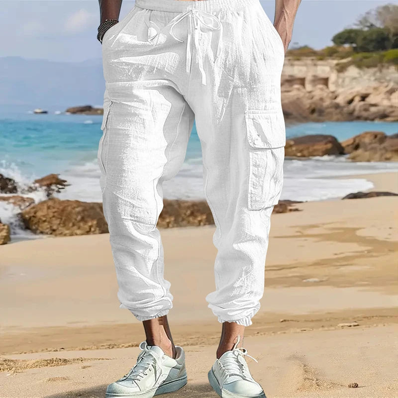 Men's Cotton Linen Cargo Pants Male Spring and Autumn Breathable Solid Color Multiple pockets Trousers Fitness Streetwear S-3XL