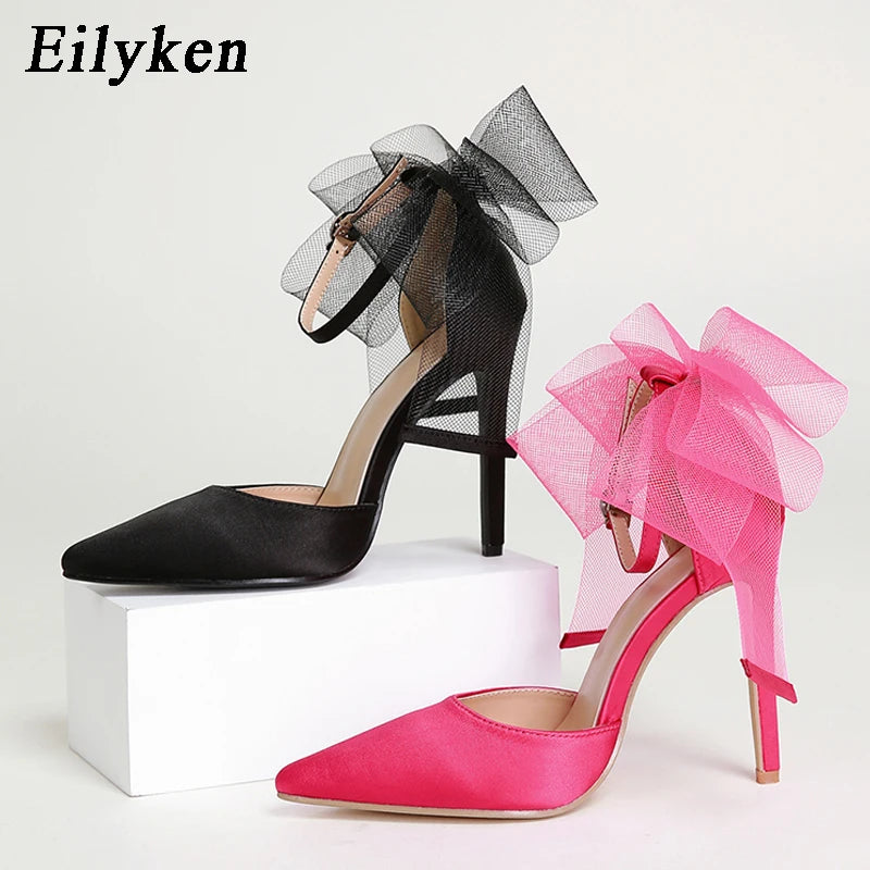 Eilyken New Style Pointed Toe Sandals Sexy Buckle Strap Cover Heel Women Spring Summer Mesh Butterfly-knot Wedding Pumps Shoes