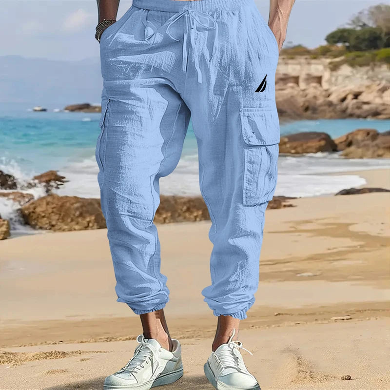 Men's Cotton Linen Cargo Pants Male Spring and Autumn Breathable Solid Color Multiple pockets Trousers Fitness Streetwear S-3XL