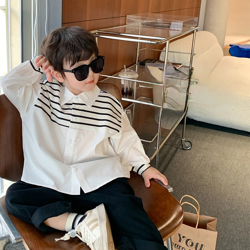 2024 Spring Summer Kids shirts fashion Boys patchwork striped Lapel shirts cotton casual Children's Tops