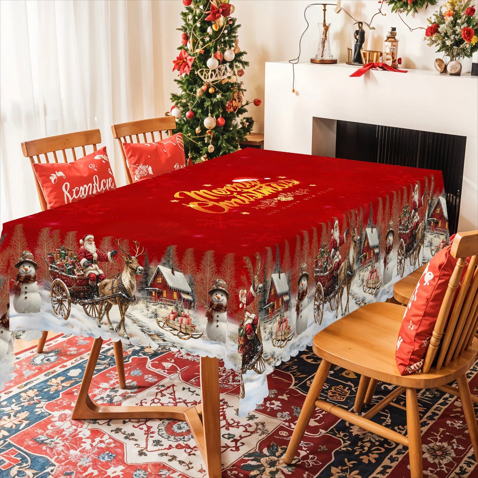 1 Piece, Merry Christmas Themed Pattern Tablecloth + 4 Self-Adhesive Stickers, Christmas Atmosphere, Snowflake Christmas Tree Santa Claus Elk Snowman House Printed Pattern, Embossed Edges, Suitable for Home Kitchen, Living Ro
