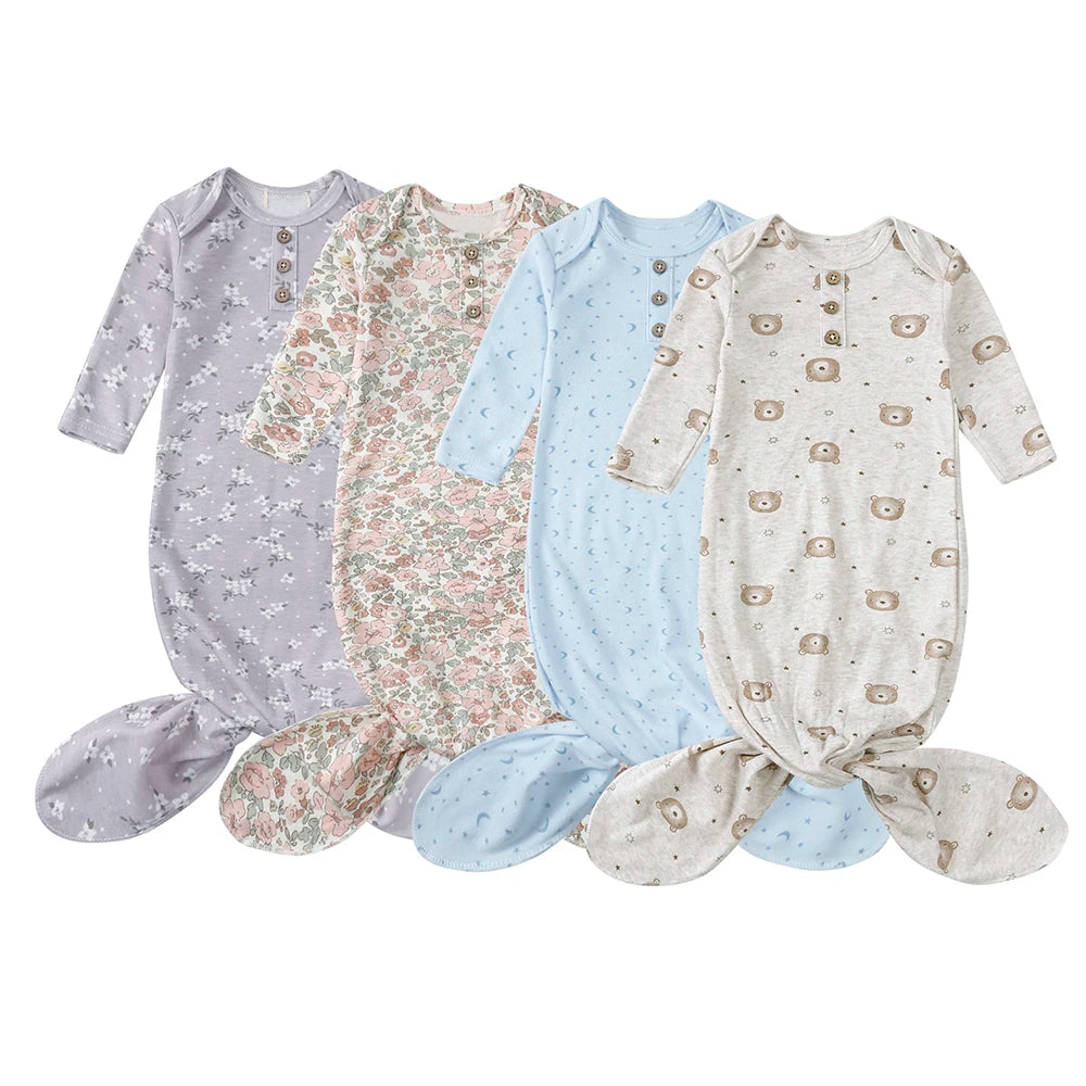 2025 Spring Newborn Baby Boy Girl Romper Infant Knotted Sleep Gown with Bear Dolls Hand Anti-Kicking Printed Cotton Casual Bag