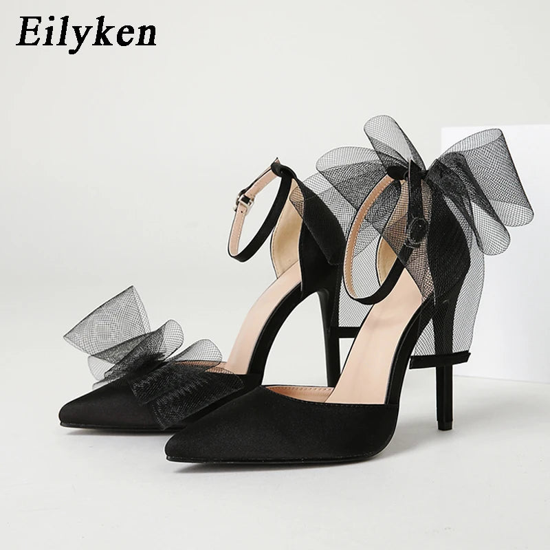 Eilyken New Style Pointed Toe Sandals Sexy Buckle Strap Cover Heel Women Spring Summer Mesh Butterfly-knot Wedding Pumps Shoes